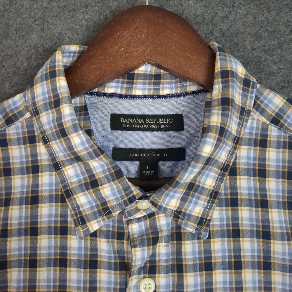 Banana Republic Custom Wash Shirt Mens Large Tailored Slim Fit Plaid Blue L